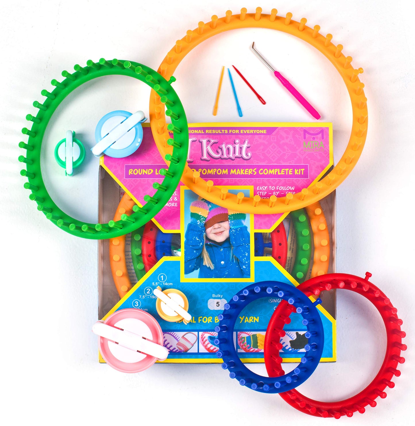 Complete Round Knitting Loom Kit | 4 Knitting Circle Looms, 4 Pompom Makers, 3 Plastic Needles, 1 Soft Grip Pick | Perfect Crochet Craft Kit for Beginners | by Mira Handcrafts