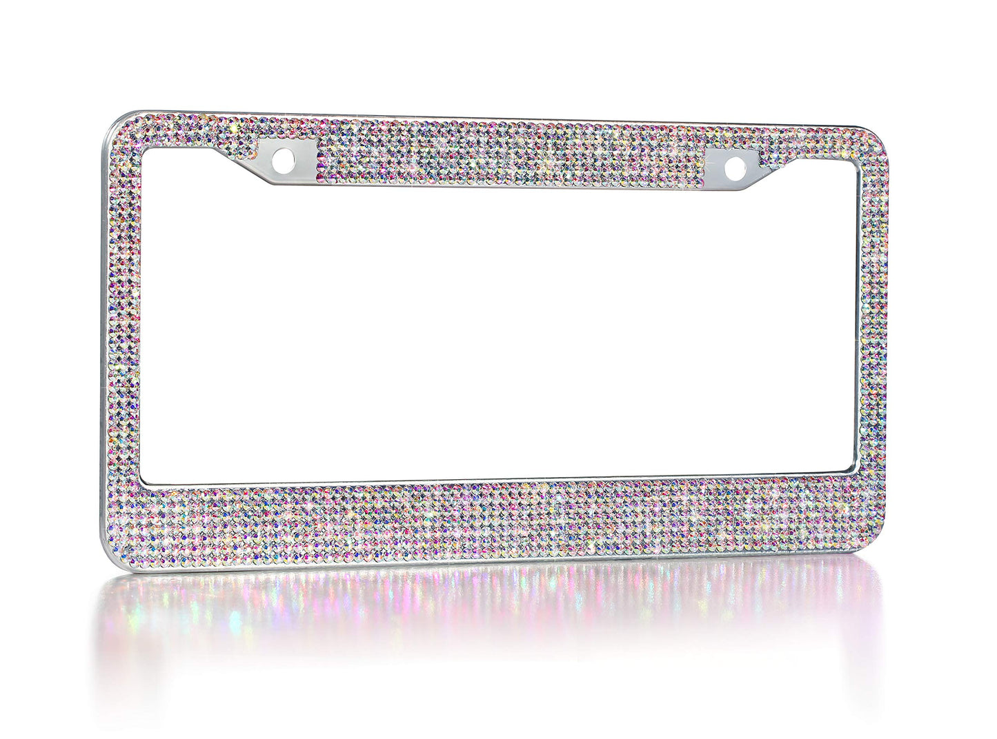 Handcrafted Bling License Plate Frames for Women, Men | 2 Pack Bedazzled Cover with Glittery Screw Caps | Stainless Steel Diamond Rhinestone License Plate Frame/Cover | Giftbox Included (AB Color)