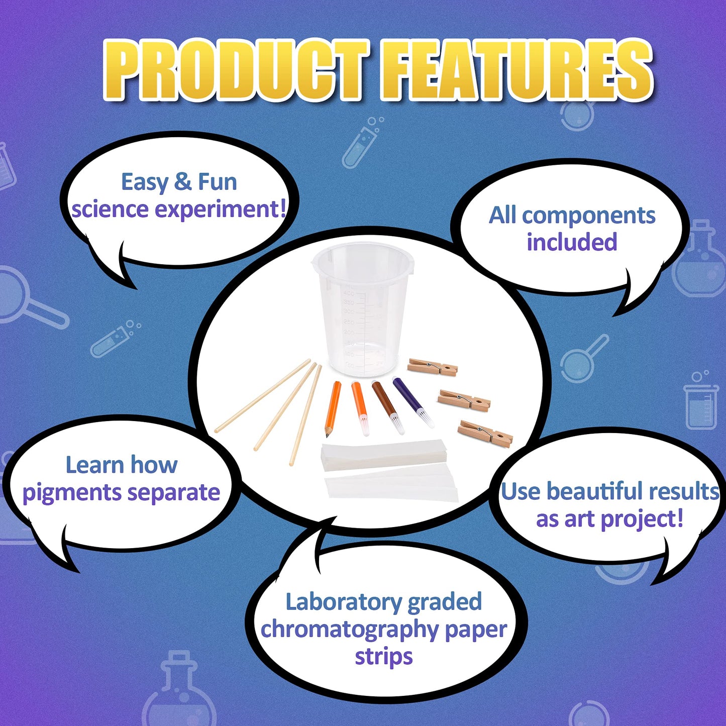 Paper Chromatography Experiment Kit With Lab Instructions - DIY Science Experiment For Home, School, Lab - Kit Includes 50-Sheet Filter Paper, Beaker, Dowel, Clips, Pens, Pencil, Detailed Instructions