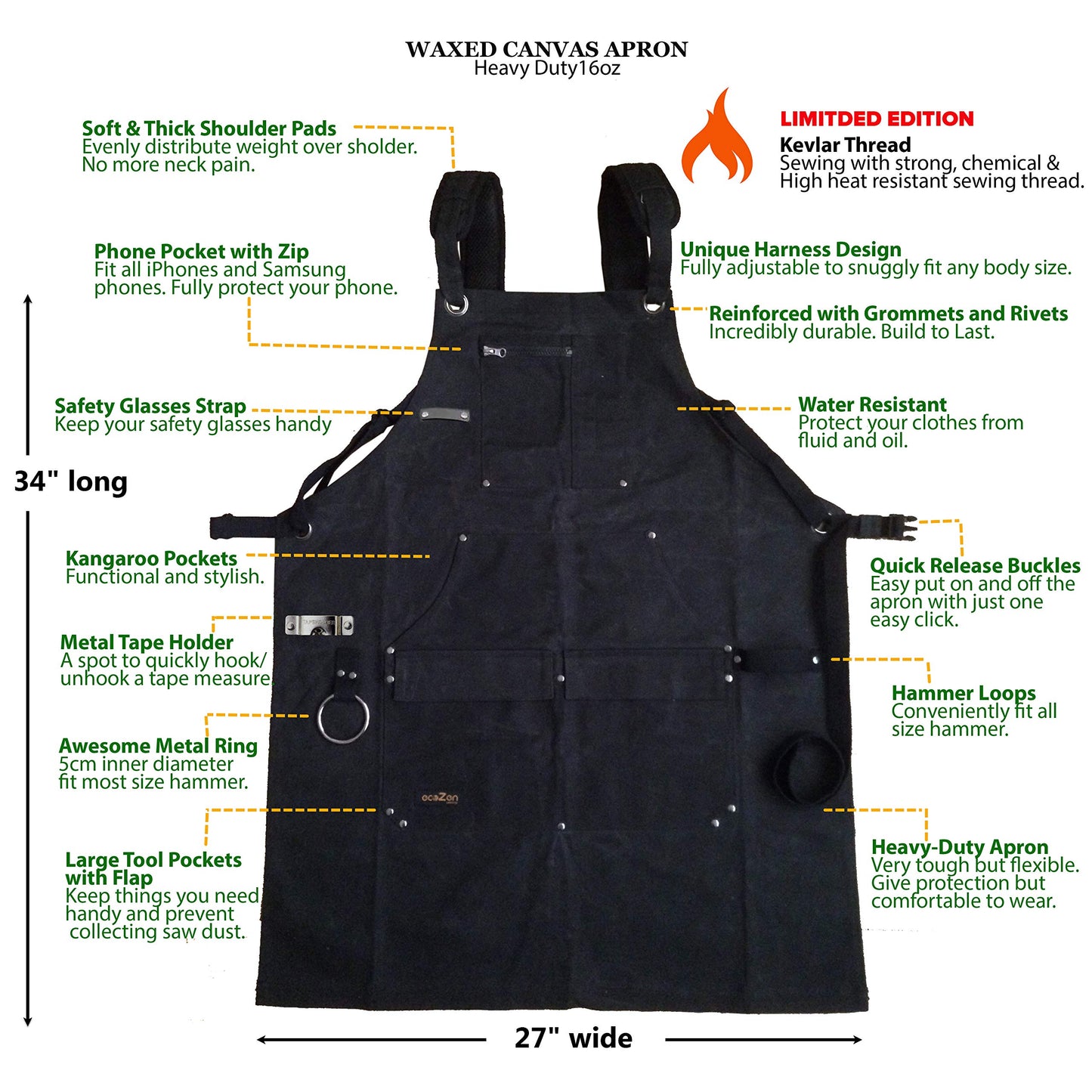 ecoZen Lifestyle Shop Apron - 16 oz Waxed Canvas Work Aprons | Waterproof,Easily adjusted to fit size S-XXL| Tough Tool Apron