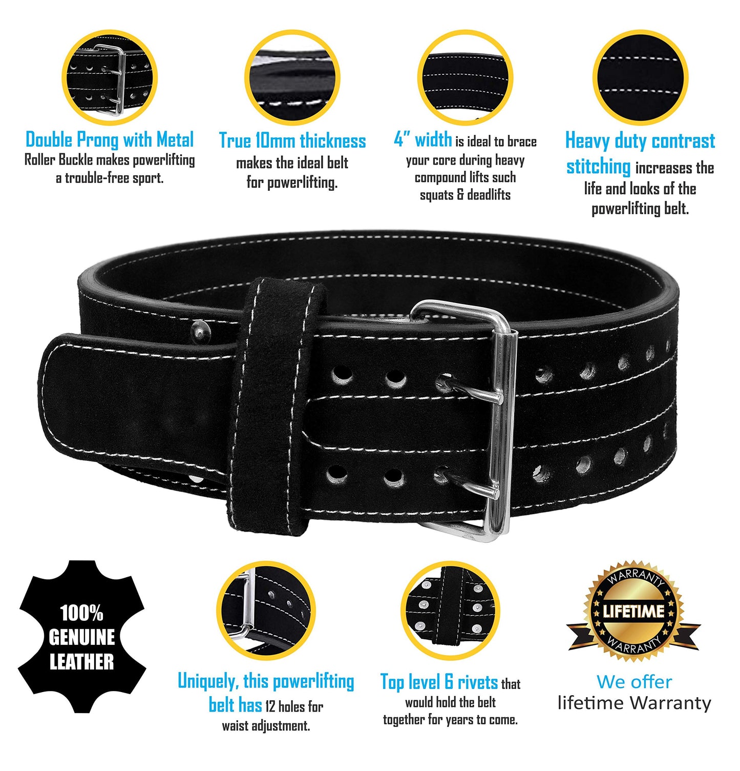 Hawk Sports Double Prong Powerlifting Belt for Men & Women, 10mm Thick, 4" Wide Suede Leather Weightlifting Belt, for Doing Heavy Weight Workouts like Deadlifts & Squats at Full Power