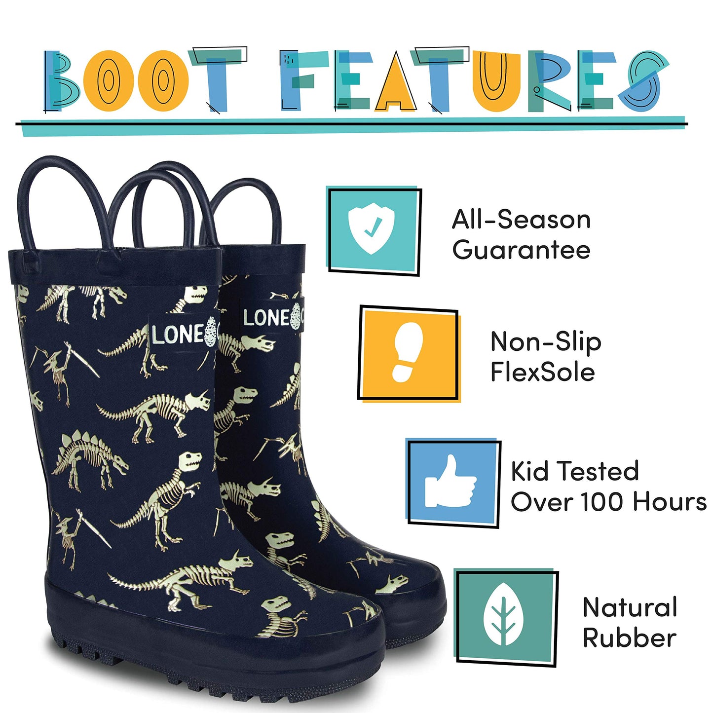 Lone Cone Rain Boots with Easy-On Handles in Fun Patterns for Toddlers and Kids, No Bones About It, 6 Toddler