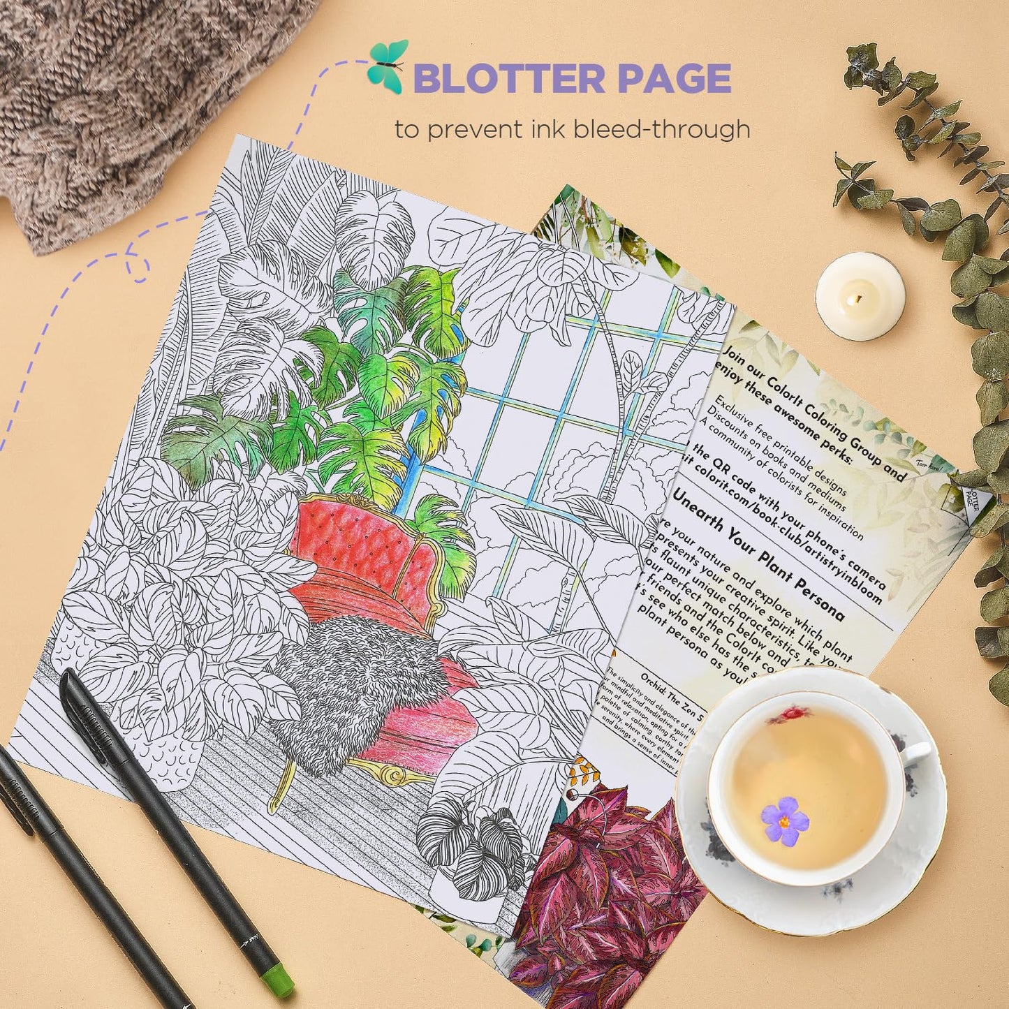 ColorIt Botanical Bliss Spiral Bound Adult Coloring Book, 50 Illustrations of Flowers, Vines, Cactus, Indoor Plants, Garden, Thick Paper, Perforated Paper, Lay Flat Hard Cover, Ink Blotter Paper