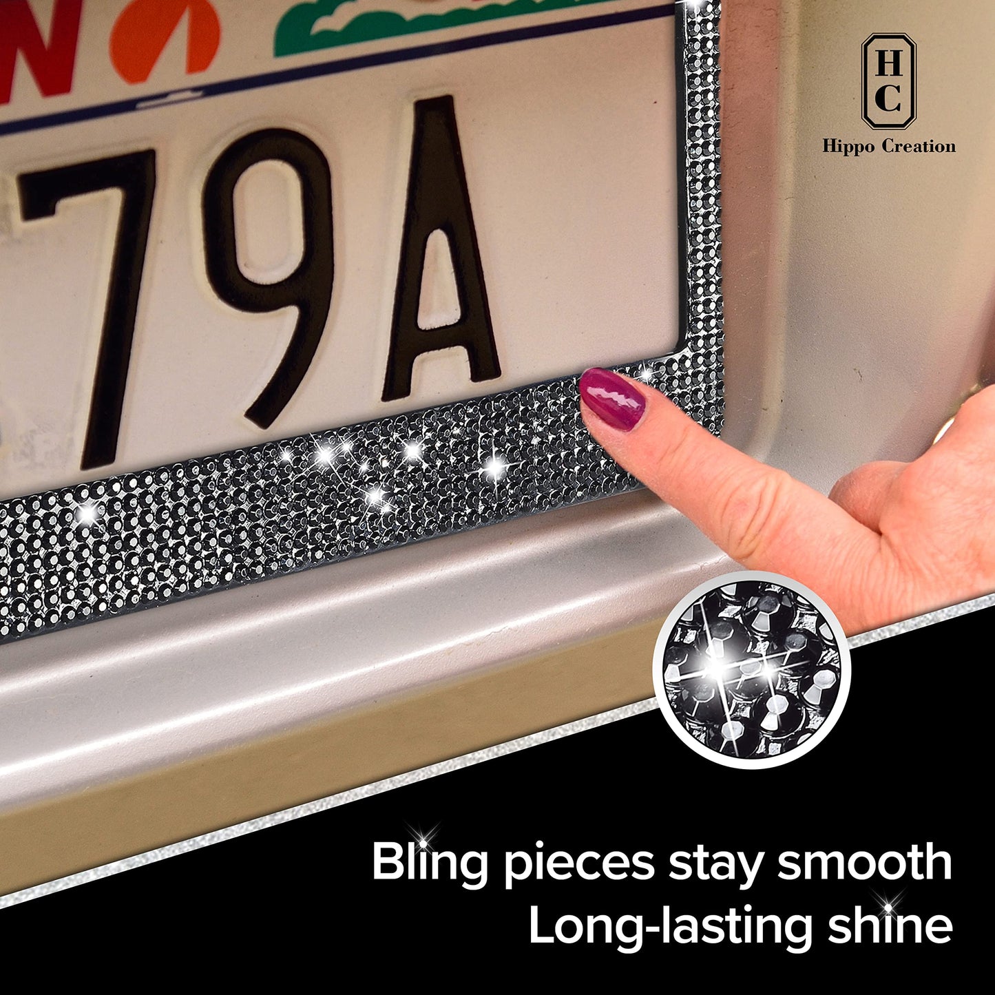 Black Bling License Plate Frames for Women - 2 Pack Bedazzled Cover, Clear Crystal Stainless Steel Girly Queen Sparkle License Plate Frame Cute Diamond Shiny Black Sparkly Cover