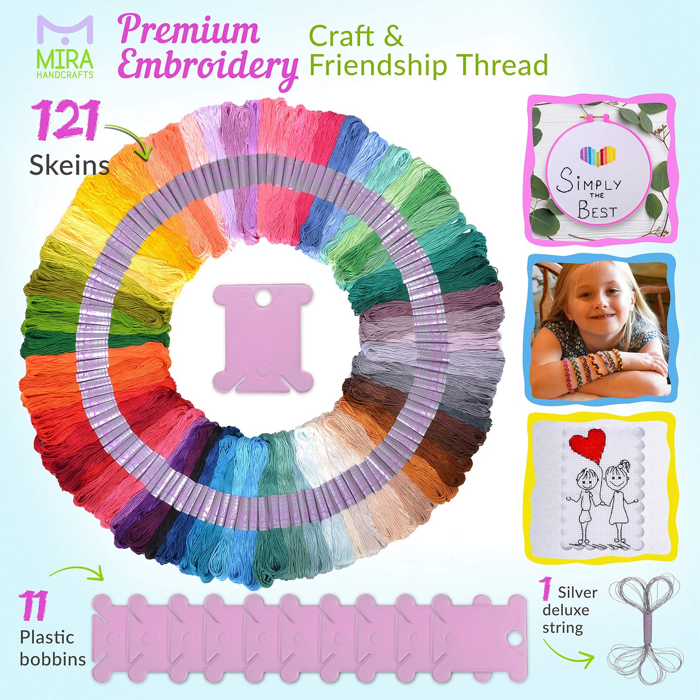 Premium 105 Embroidery Thread Skeins - Friendship Bracelet String – Perfect Embroidery Floss Kit for Beginners – Set of 10 Gold Eye Needles and 1 Threader Included – DMC Color Card Included