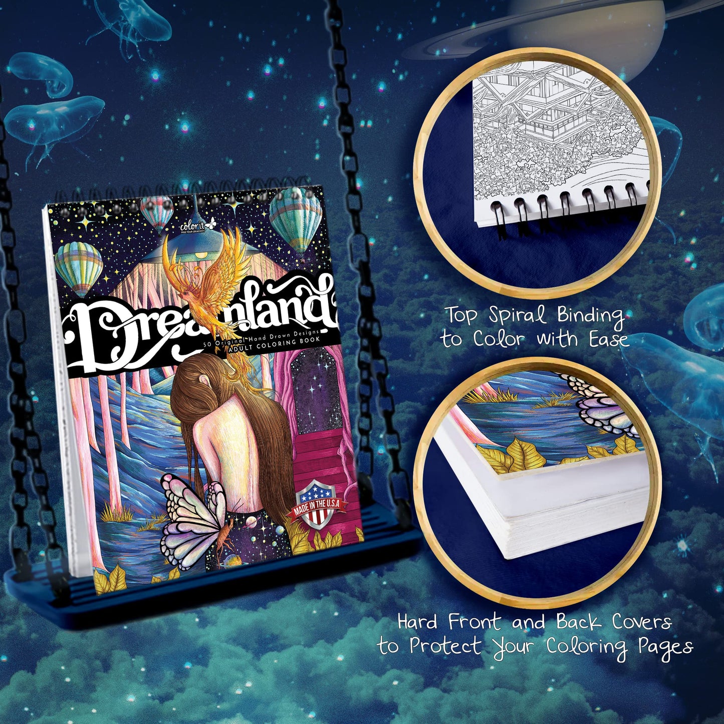 Dreamland Adult Coloring Book - 50 Single-Sided Designs, Thick Paper, Hardback Covers, Spiral Bound, Dreams Pages to Color