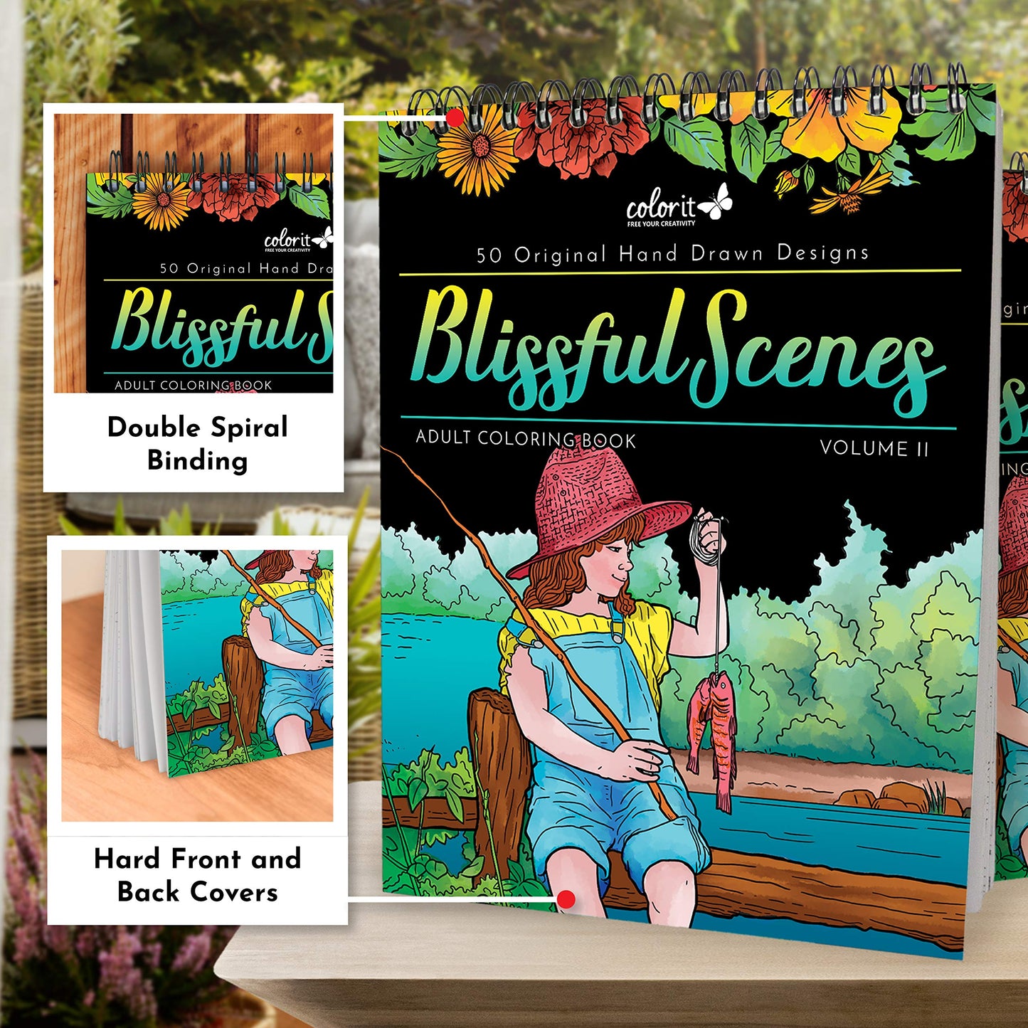 Blissful Scenes II Adult Coloring Book - 50 Single-Sided Designs, Thick Smooth Paper, Lay Flat Hardback Covers, Spiral Bound, USA Printed