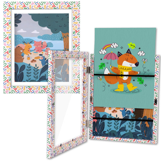 Hippo Creations Changeable Kids Artwork Frames Doodle Pattern - Art Storage & Art Display for Kids Artwork, Up to 80 Artworks, 8.5x11�, Magnetic Lock, Elastic Band, Hanging Hooks & Stand for Home Decor