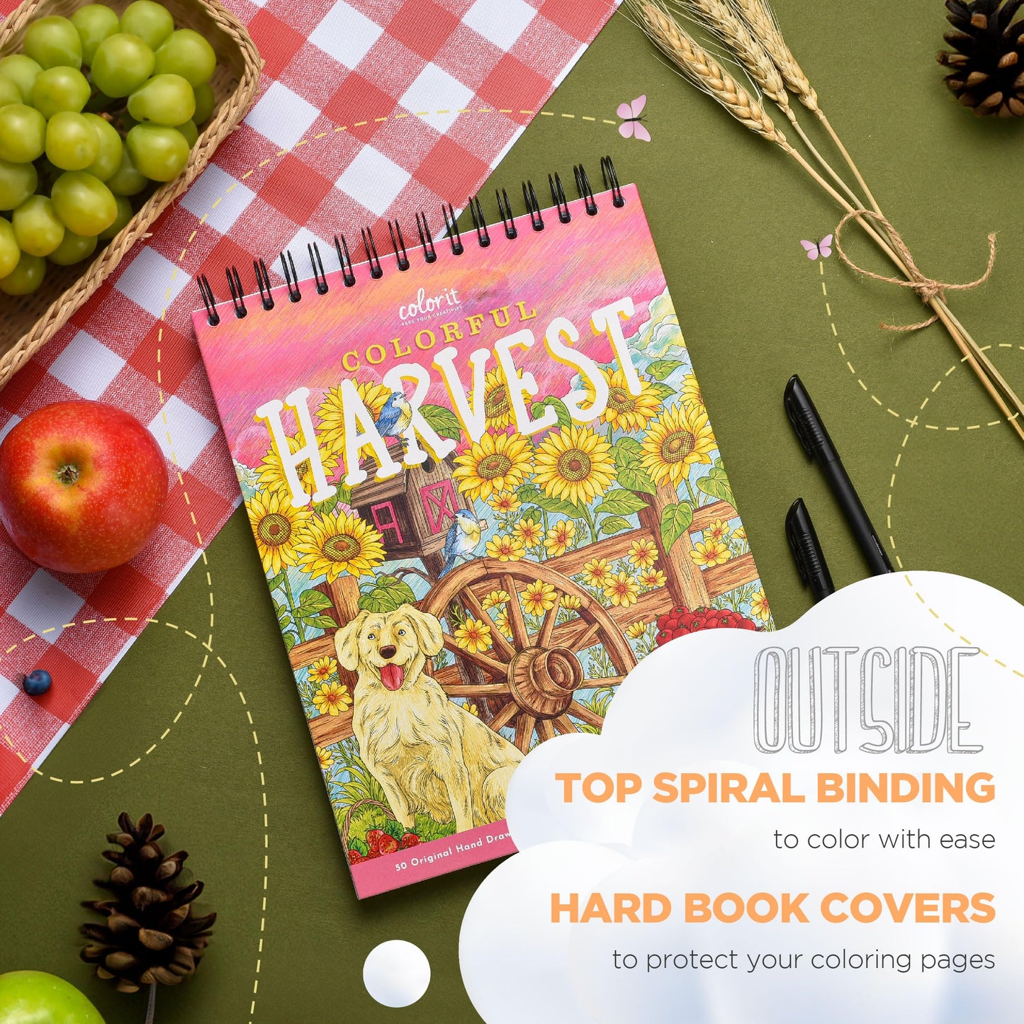 ColorIt Colorful Harvest Adult Coloring Book Spiral Bound, Fall Coloring Book with 50 Illustrations of Thanksgiving & Halloween Season, Premium Quality Thick Paper, Flat Hard Book Covers, Ink Blotter