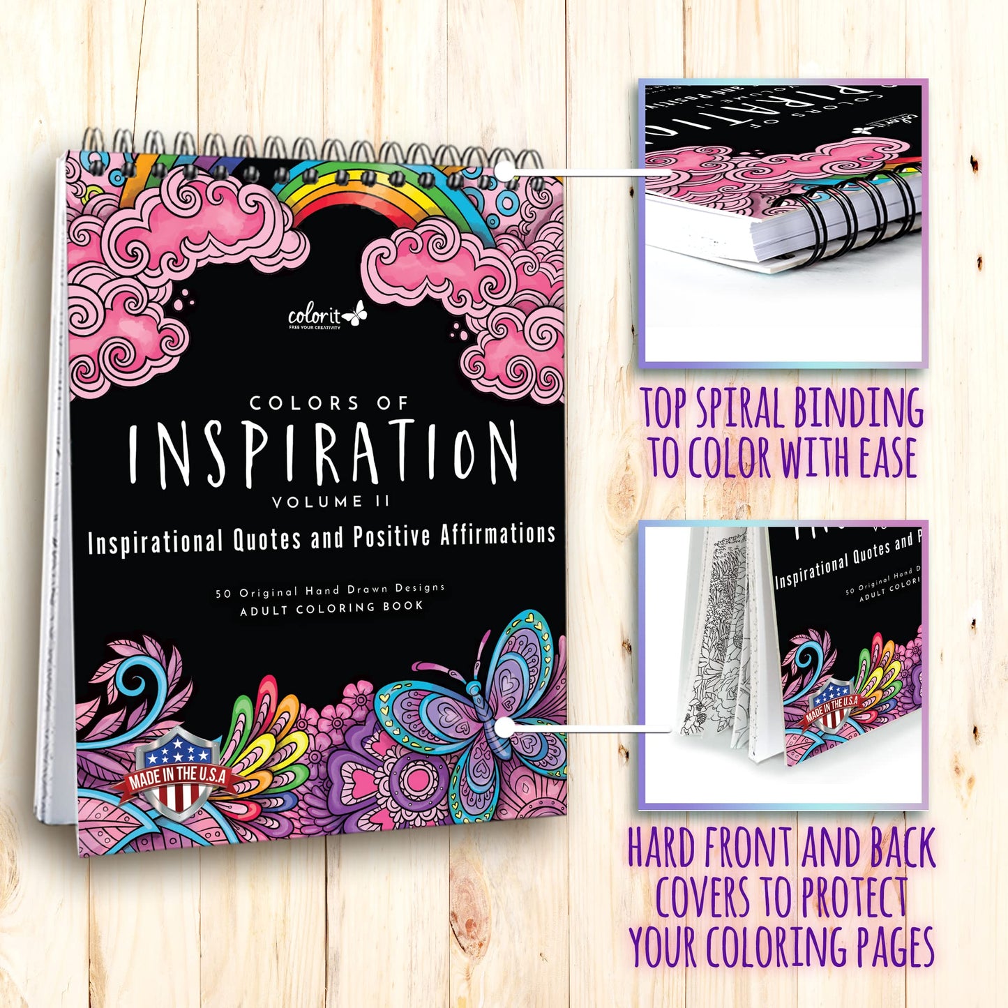 Colors of Inspiration, Remarkable Women Adult Coloring Book Spiral Bound, 50 Empowering Quotes and Affirmations, Thick Paper, Perforated Paper, Lay Flat Hard Cover, Ink Blotter