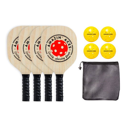 Amazin' Aces Pickleball Classic Wood Paddles Set of 4 - Wood Pickleball Rackets for All Levels, Includes 4 Wooden Pickleball Paddles with Comfy Cushion Grip, 4 Pickleball Balls, and 1 Pickleball Bag