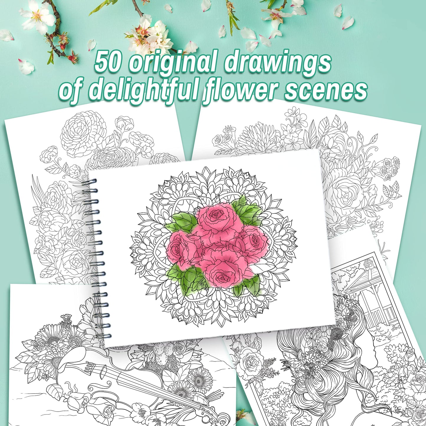 ColorIt Colorful Flowers Volume 2 Wildflowers, Gardens, and Bouquets Adult Coloring Book, 50 Original Designs, Thick Paper, Spiral Binding, USA Printed, Lay Flat Hardback Book Covers, Blotter Paper