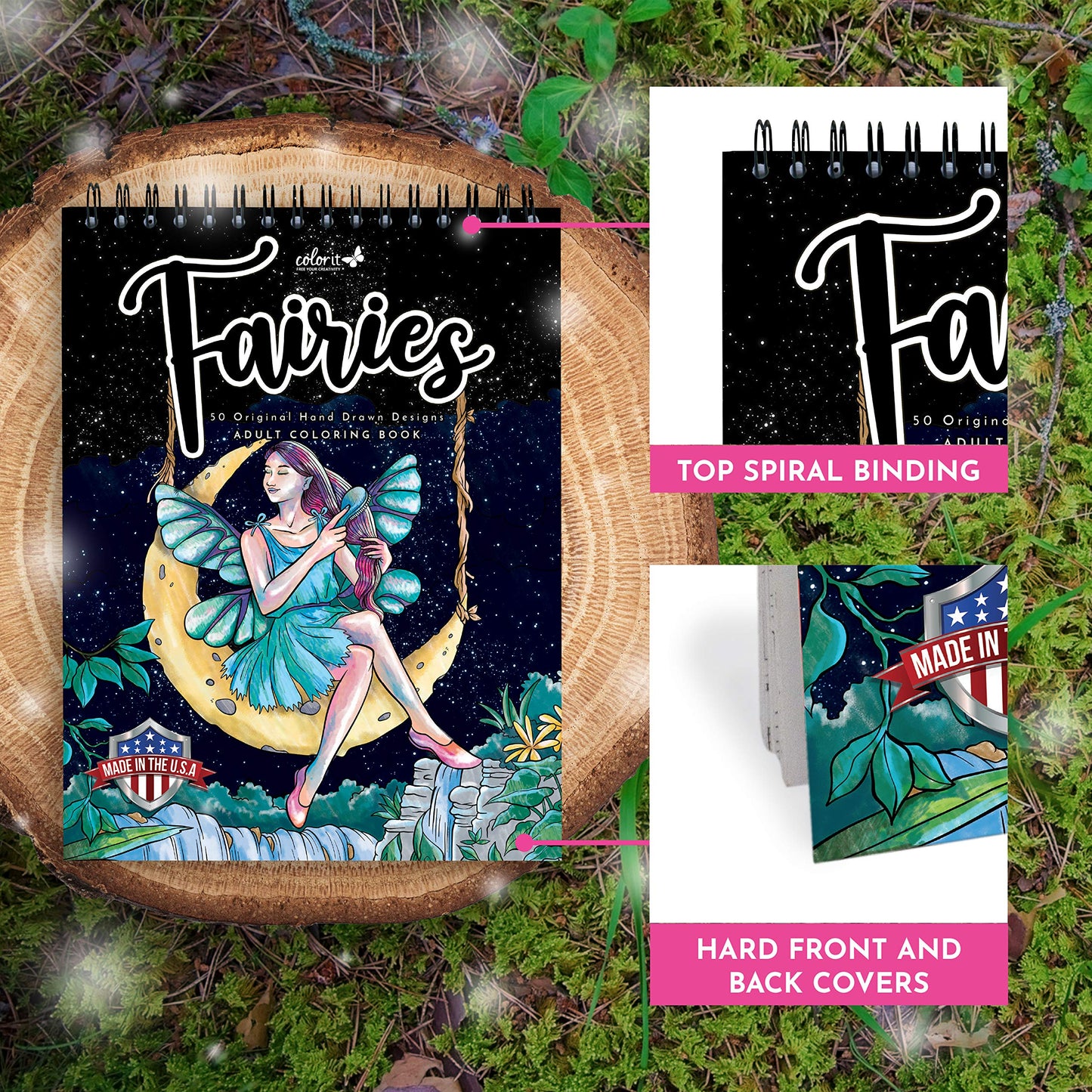 ColorIt Fairies Coloring Book for Adults Relaxation, 50 Single-Sided Designs, Thick Smooth Paper, Spiral Binding, USA Printed, Lay Flat Hardback Book Covers, Ink Blotter Paper, Fairies Coloring Pages