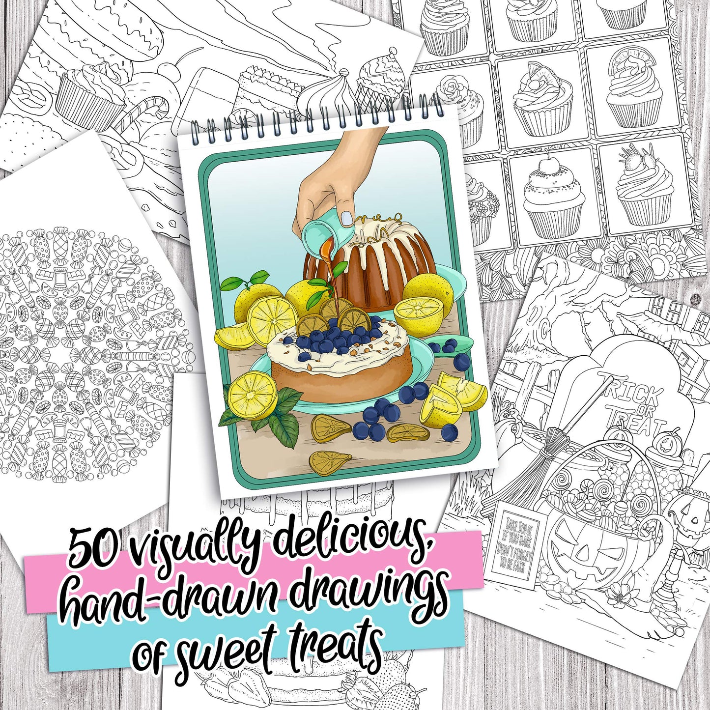 ColorIt Delightful Desserts and Sweet Treats Adult Coloring Book - 50 Single-Sided Designs, Thick Smooth Paper, Lay Flat Hardback Covers, Spiral Bound, USA Printed, Desserts Coloring Pages