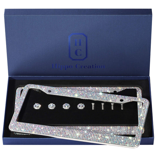 Handcrafted Bling License Plate Frames for Women, Men | 2 Pack Bedazzled Cover with Glittery Screw Caps | Stainless Steel Diamond Rhinestone License Plate Frame/Cover | Giftbox Included (AB Color)