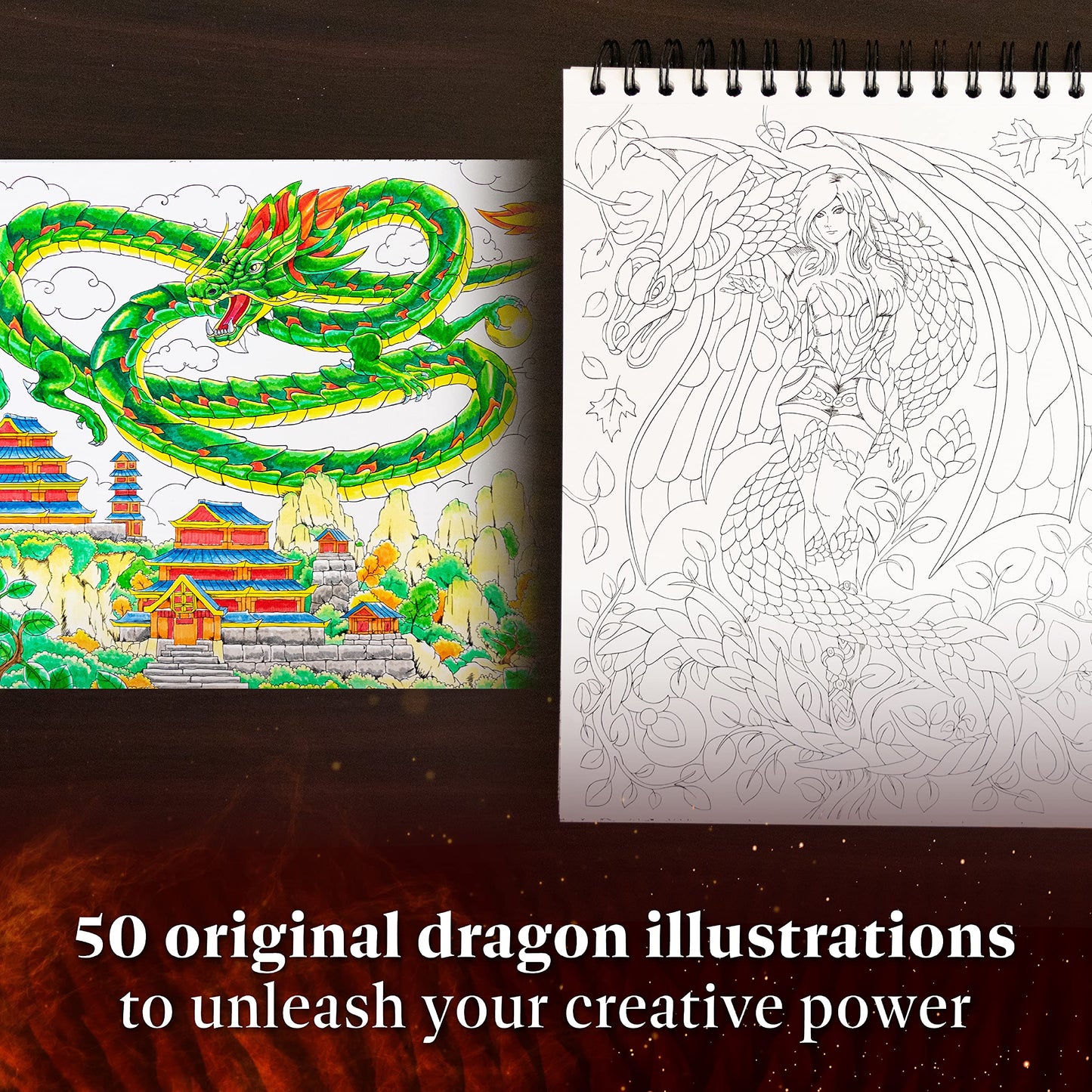 Colorful Dragons Adult Coloring Book - 50 Single-Sided Designs, Thick Smooth Paper, Lay Flat Hardback Covers, Spiral Bound, USA Printed, Dragon Pages to Color