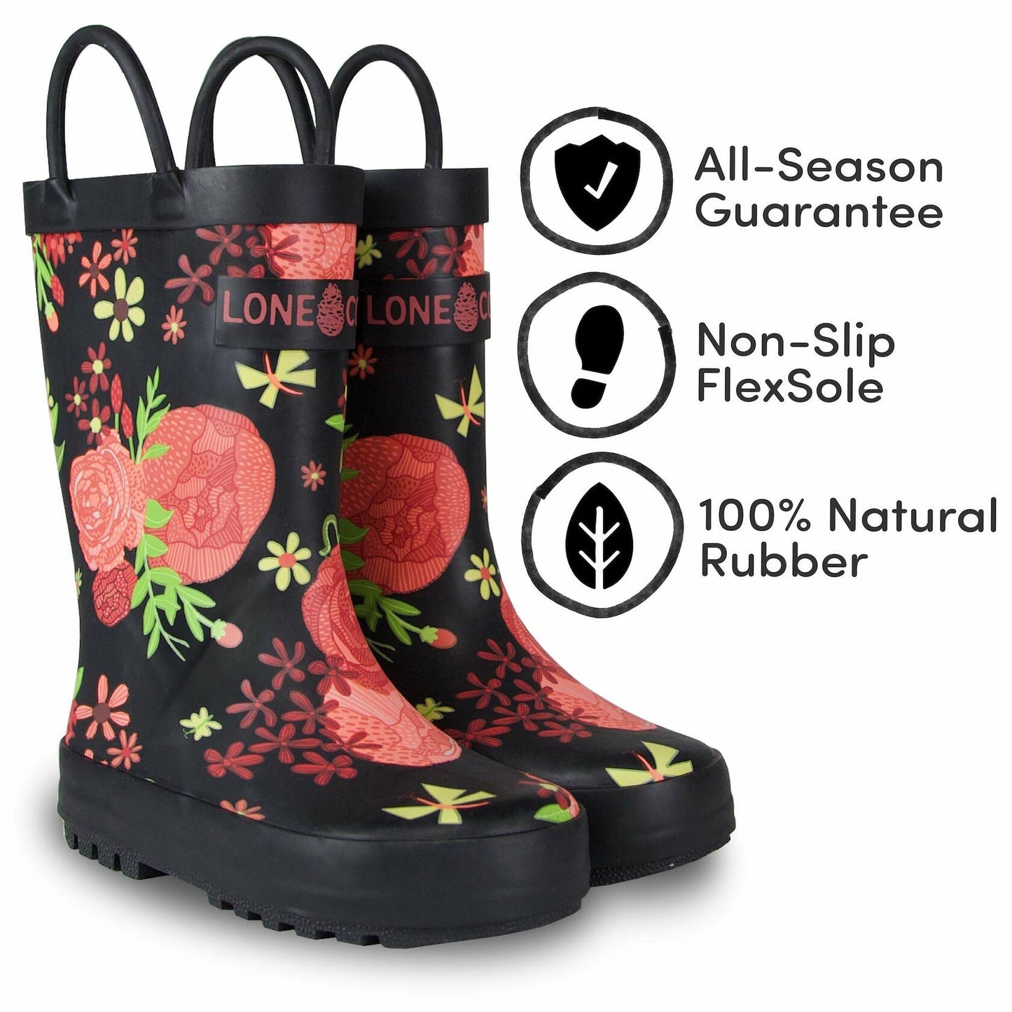 Lone Cone Rain Boots with Easy-On Handles in Fun Patterns & Solid Colors for Toddlers and Kids, Secret Garden - Matte Finish, 6 Toddler